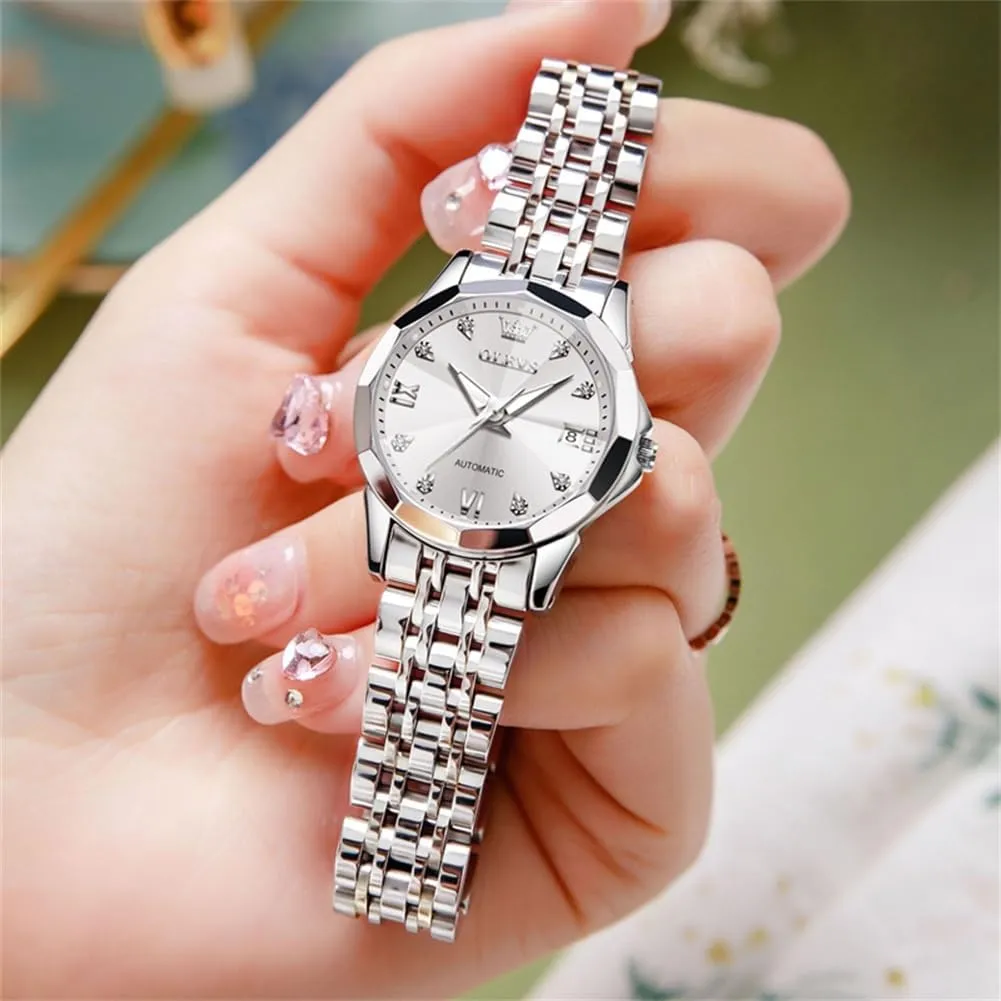 OLEVS Womens Automatic Watches Diamond Stainless Steel Self Winding Ladies Dress Wrist Watches Luminous Waterproof