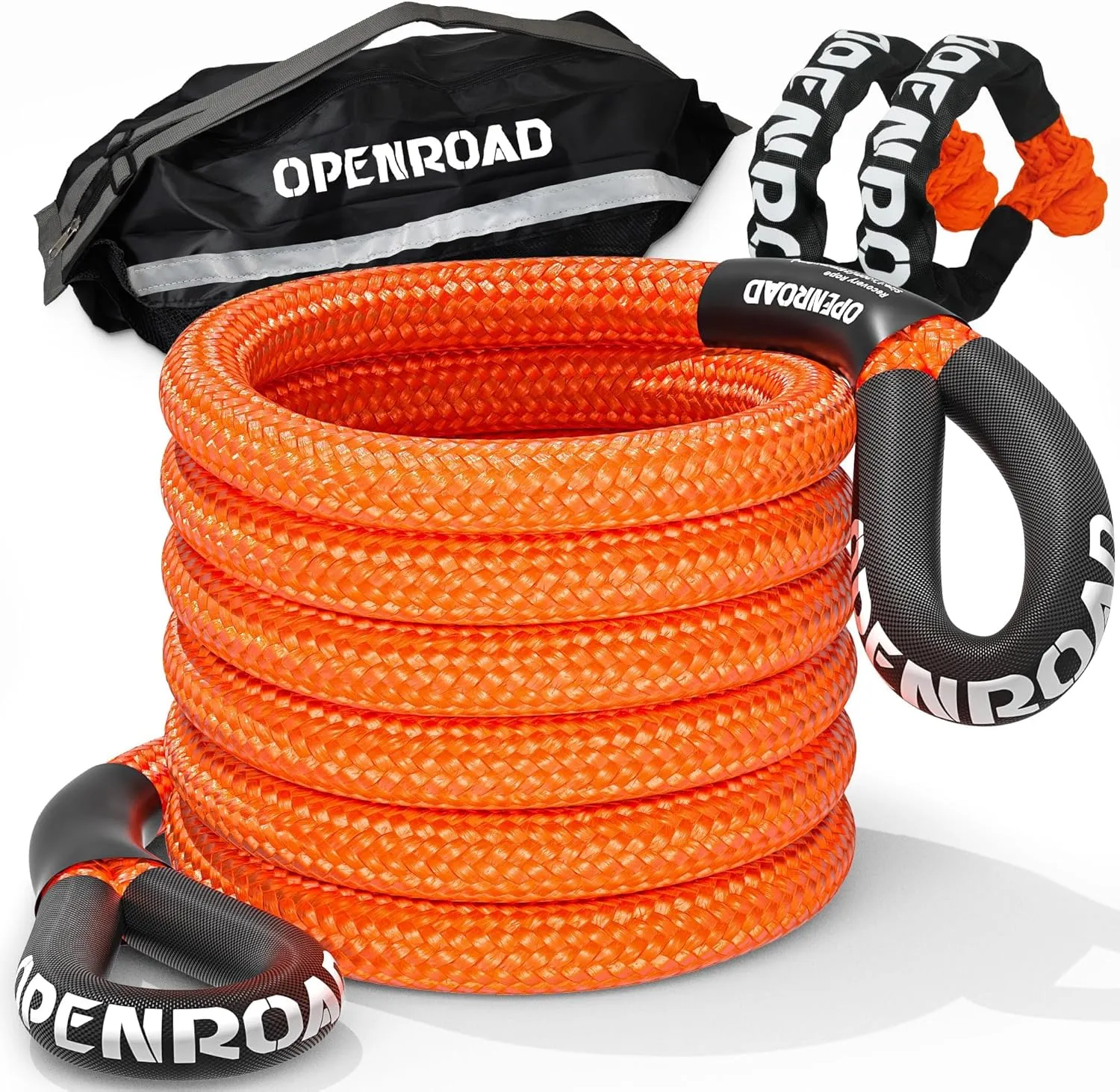 OPENROAD Kinetic Recovery Tow Rope, 36000 Lbs (1in x 30ft Orange with Soft Shackle) Extreme Duty 35% Elasticity Energy Offroad Snatch Strap, Vehicle Recovery Kit for Jeep Car Truck ATV UTV SUV