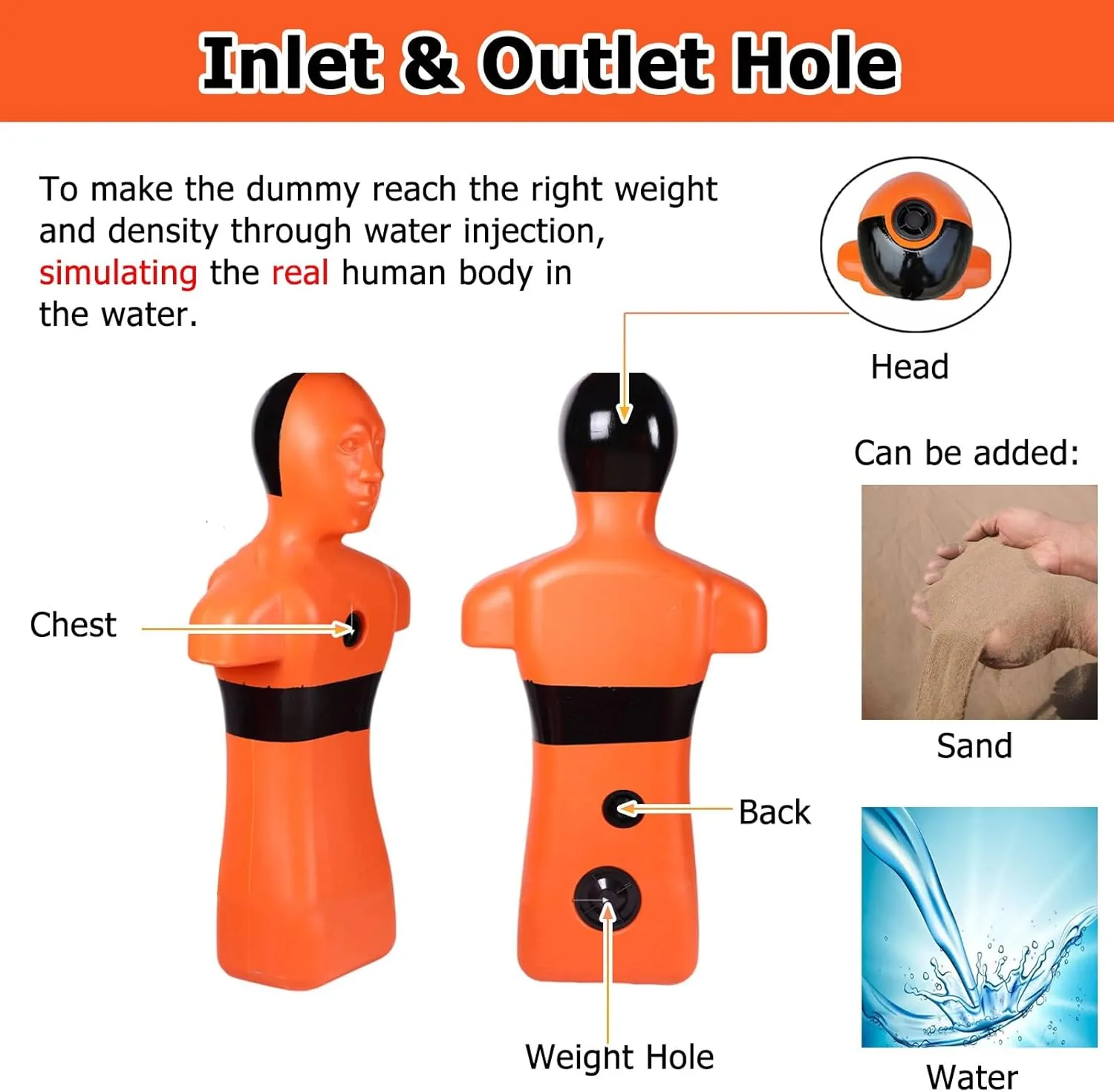 Orange & Yellow Water Emergency Drill Dummy for Training, Large Fire Training Drill Dummys with 3 Water Filling Holes, 1m Swimming Teaching Tools for Kids/Adults(Orange)