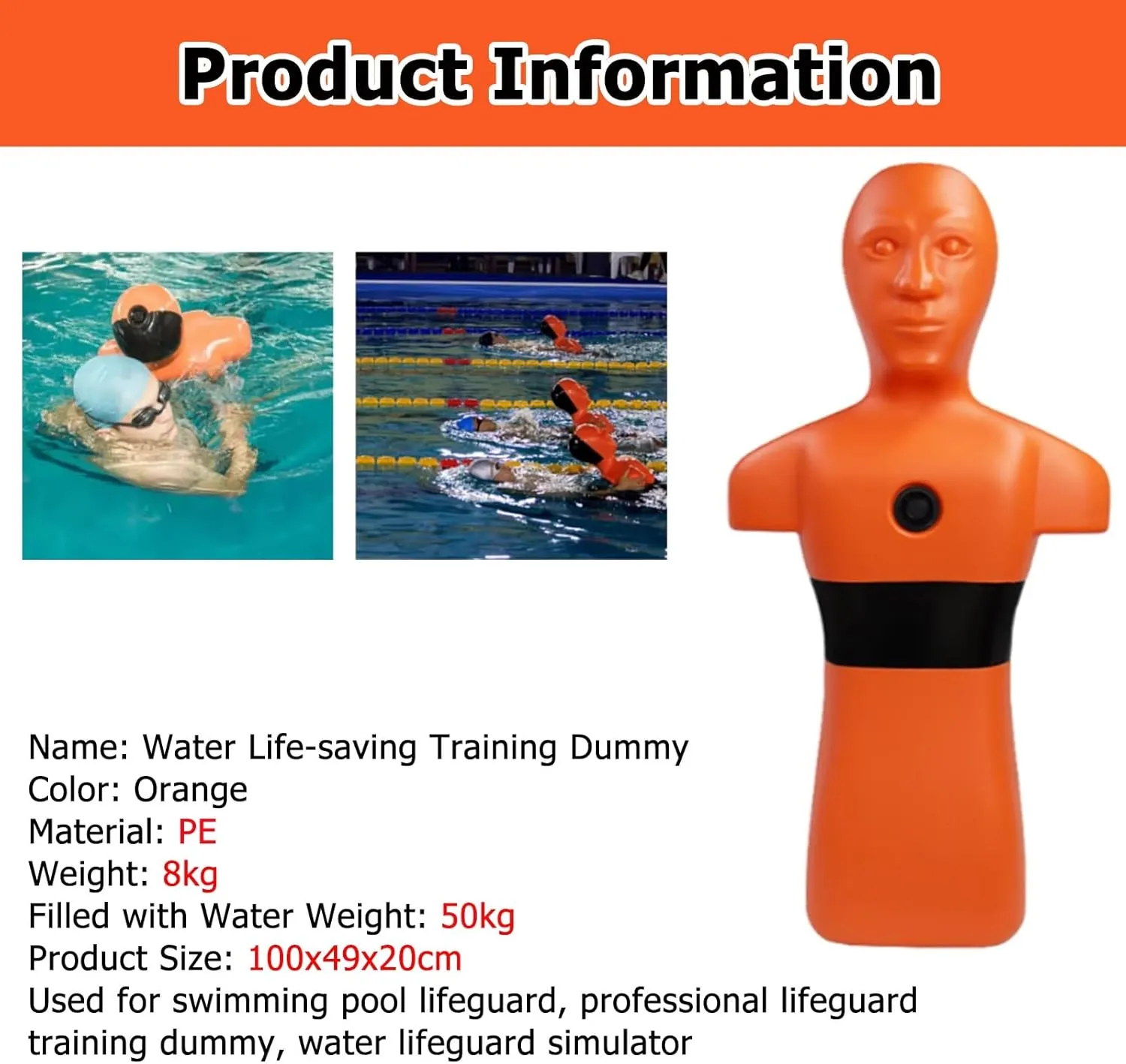 Orange & Yellow Water Emergency Drill Dummy for Training, Large Fire Training Drill Dummys with 3 Water Filling Holes, 1m Swimming Teaching Tools for Kids/Adults(Orange)