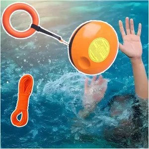 Orange Water Rescue Throwing Disc for Pool, Dia 13.8in Emergency Water Rescue Disc High Visibility, Drowning Rescue Tool with 131ft Rope & Embedded Rubber Hand Ring