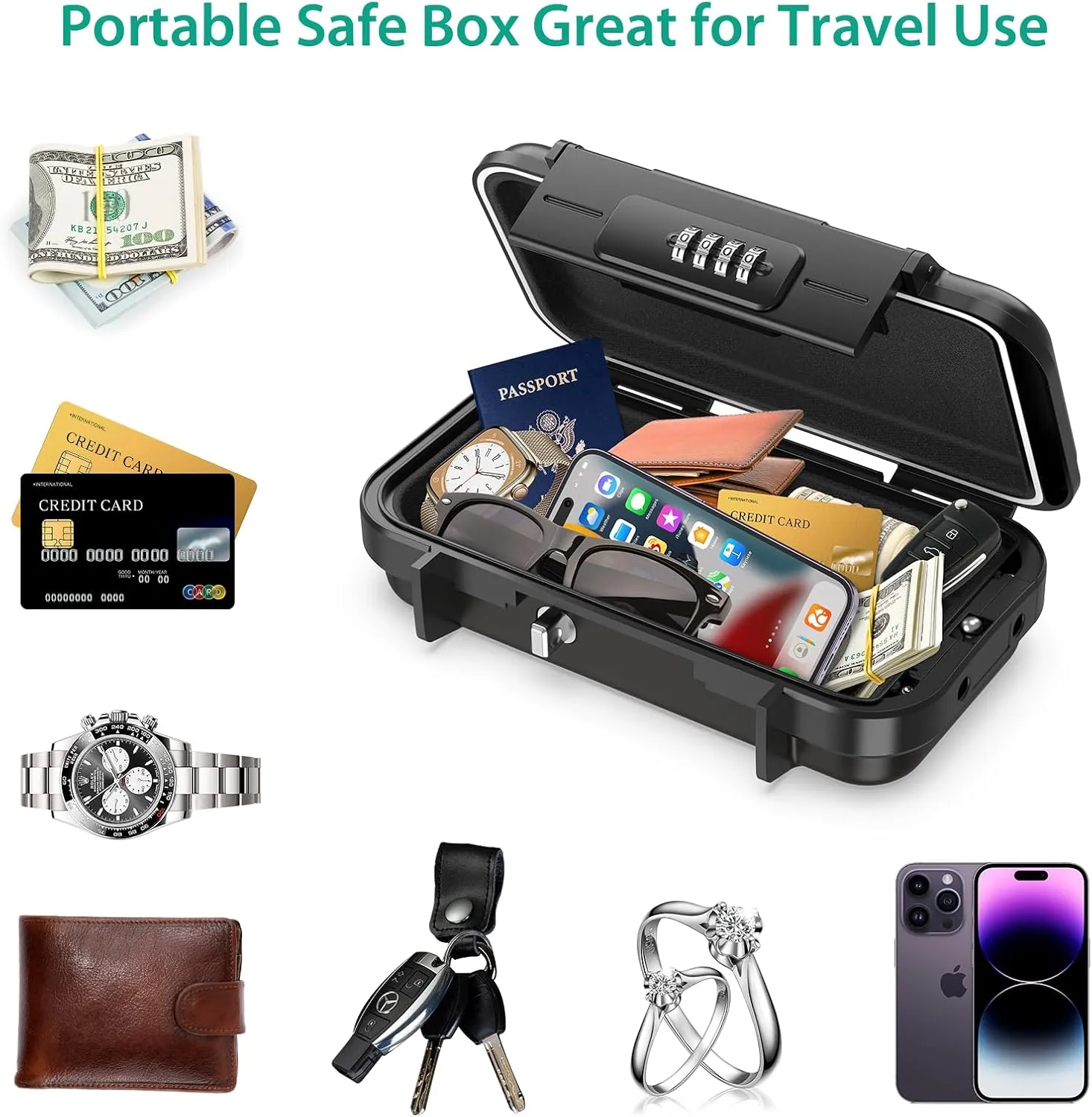 ORIA Portable Safe Box, Portable Security Case for Travel, 4-digit Combination Key Lock Box for Beach, Smartphones, Passports, Credit Cards Safe for Car, Home