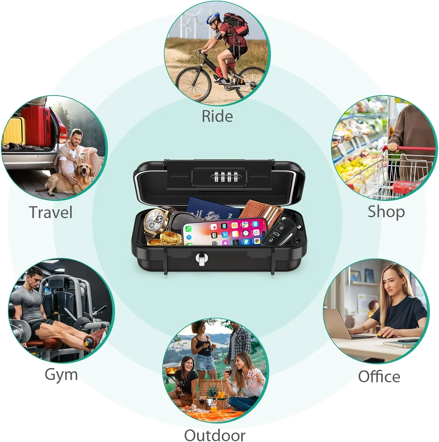 ORIA Portable Safe Box, Portable Security Case for Travel, 4-digit Combination Key Lock Box for Beach, Smartphones, Passports, Credit Cards Safe for Car, Home