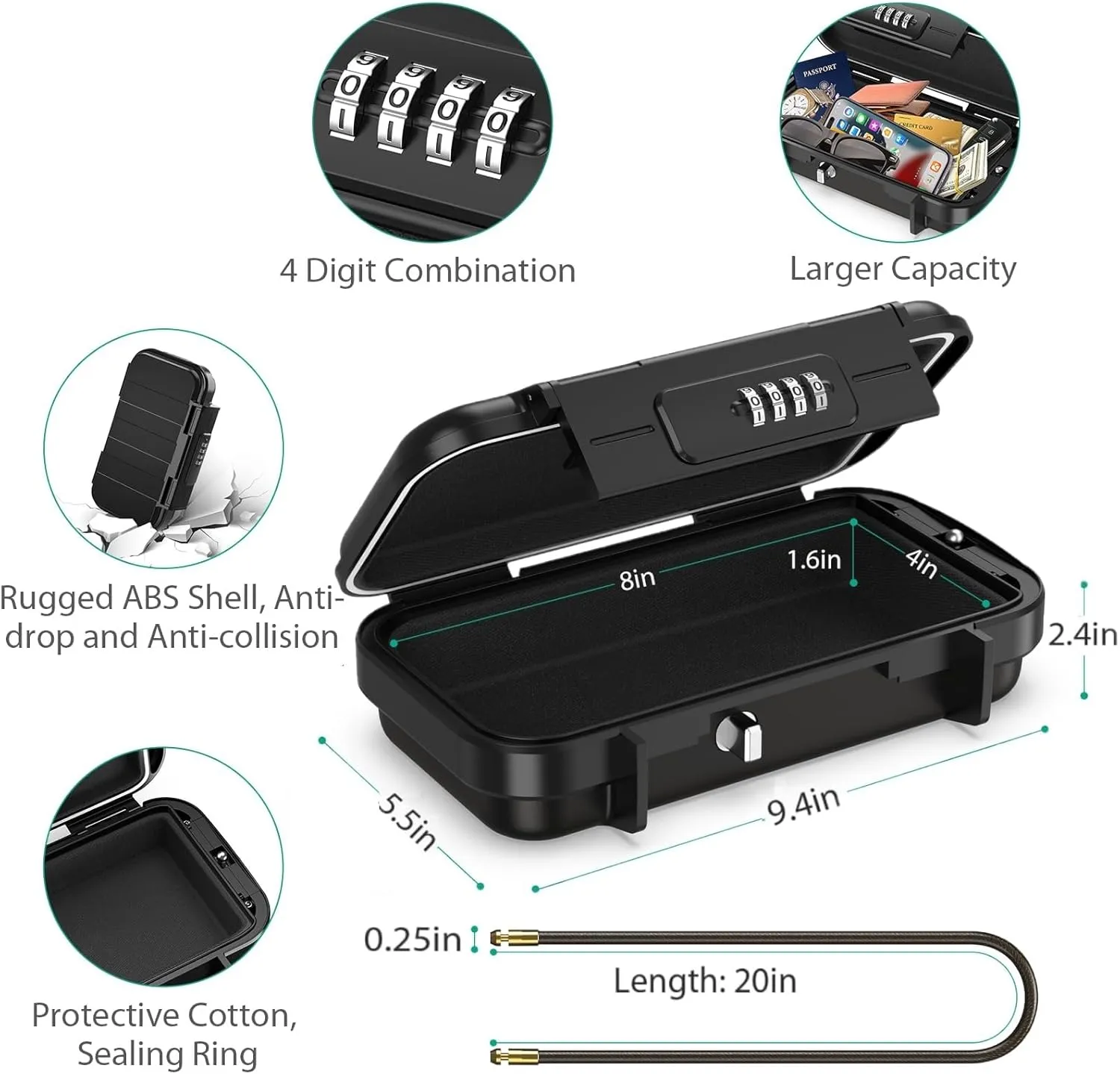 ORIA Portable Safe Box, Portable Security Case for Travel, 4-digit Combination Key Lock Box for Beach, Smartphones, Passports, Credit Cards Safe for Car, Home