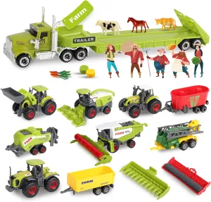 Oriate Kids Farm Toys Realistic Tractor Vehicle Playset, Diecast Car Set Educational Mini Farm Animals with Flatbed Trailer, Birthday Gift for Children 3 Year Old