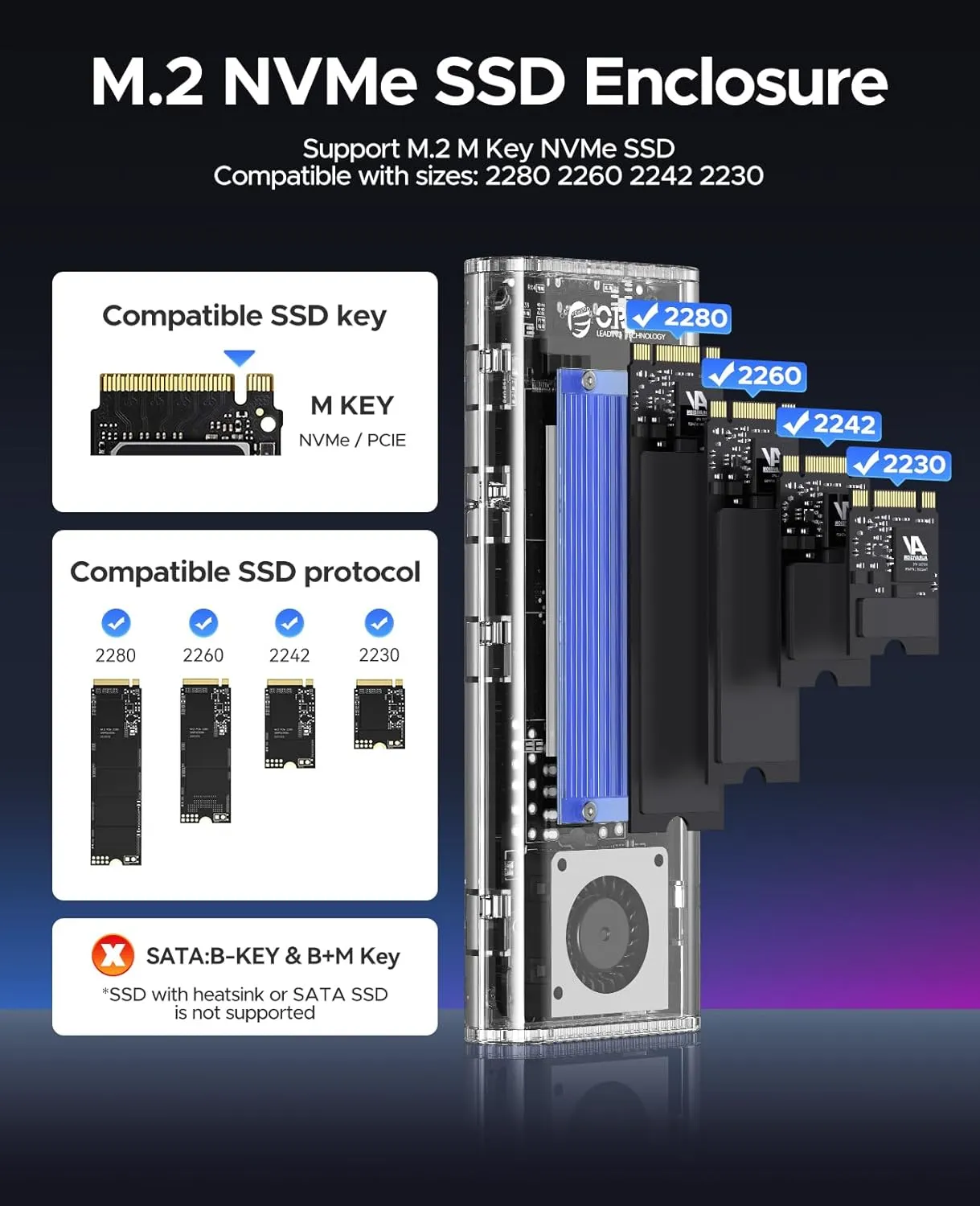ORICO 40Gbps M.2 NVMe SSD Enclosure with Built-in Cooling Fan, Tool-Free External Hard Drive Enclosure, Support 2230 2242 2260 2280(M Key), Compatible with Thunderbolt 3/4 USB4/3.2/3.1/3.0/2.0-TCM2U4