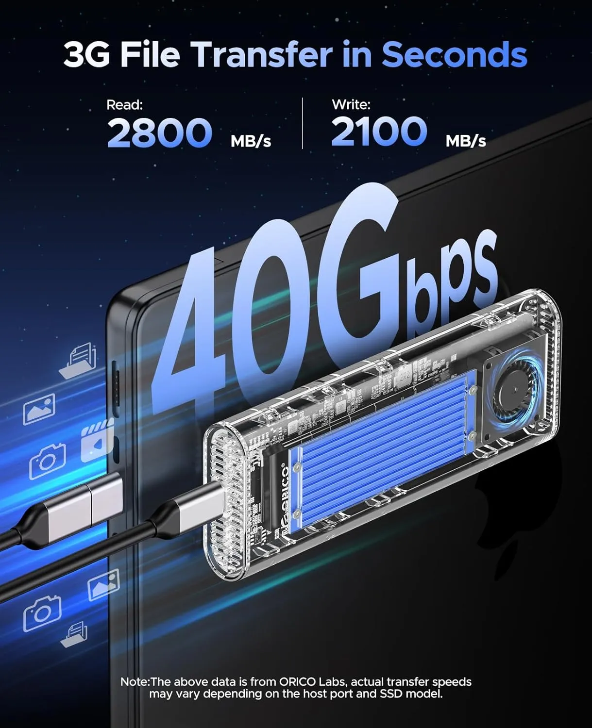ORICO 40Gbps M.2 NVMe SSD Enclosure with Built-in Cooling Fan, Tool-Free External Hard Drive Enclosure, Support 2230 2242 2260 2280(M Key), Compatible with Thunderbolt 3/4 USB4/3.2/3.1/3.0/2.0-TCM2U4