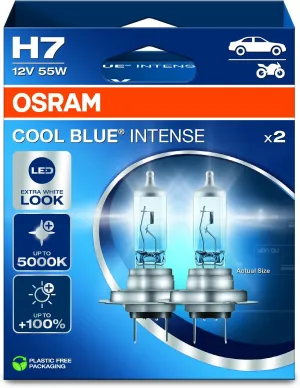 OSRAM COOL BLUE® INTENSE H7,  100% more brightness, up to 5,000K, halogen headlight lamp, LED look, Hanging folding box (2 lamps)