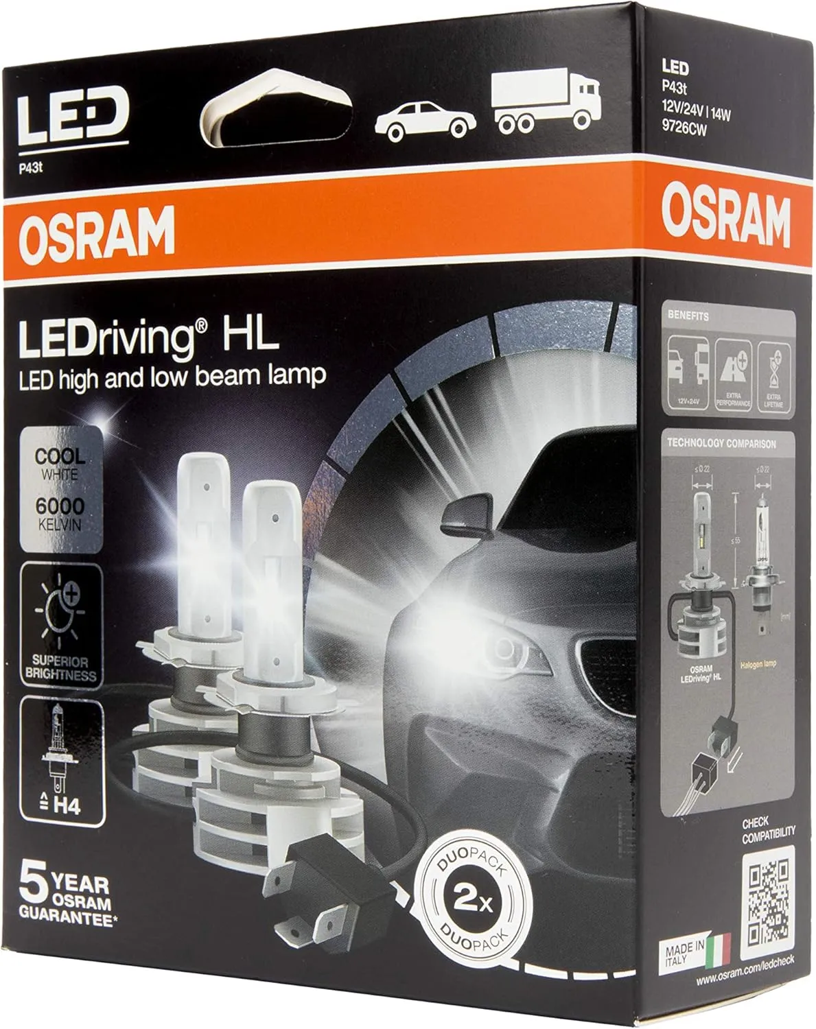 OSRAM LEDriving® HL Gen2, ≜H4, LED High/Low Beam Lamps, Off-road only, non ECE, Folding Carton box (2 units), white