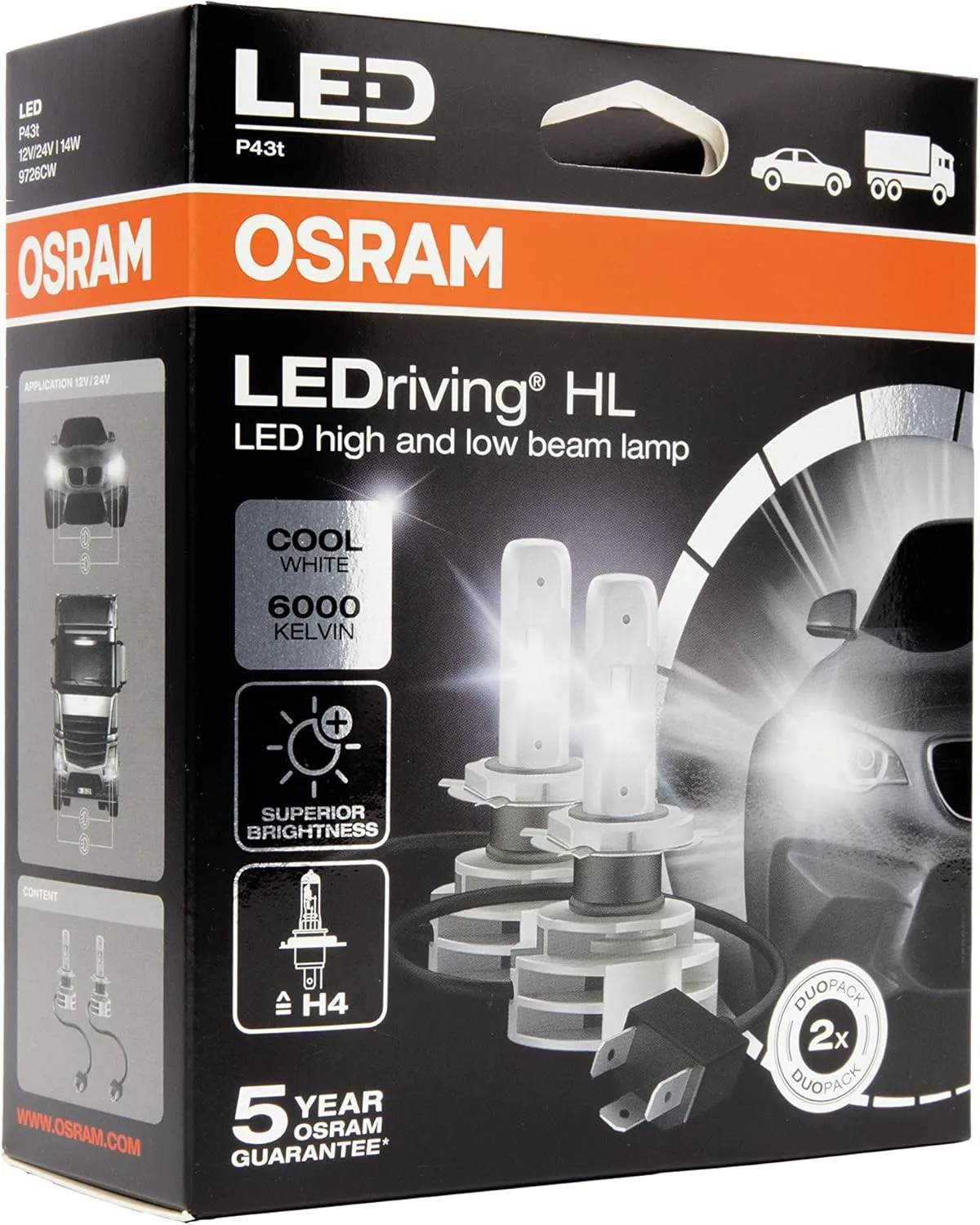OSRAM LEDriving® HL Gen2, ≜H4, LED High/Low Beam Lamps, Off-road only, non ECE, Folding Carton box (2 units), white
