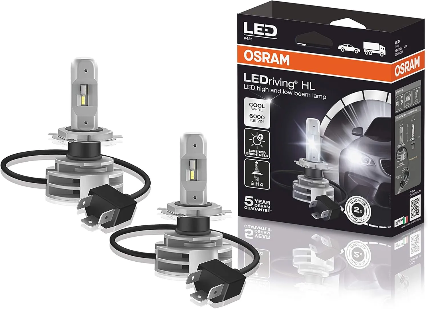 OSRAM LEDriving® HL Gen2, ≜H4, LED High/Low Beam Lamps, Off-road only, non ECE, Folding Carton box (2 units), white