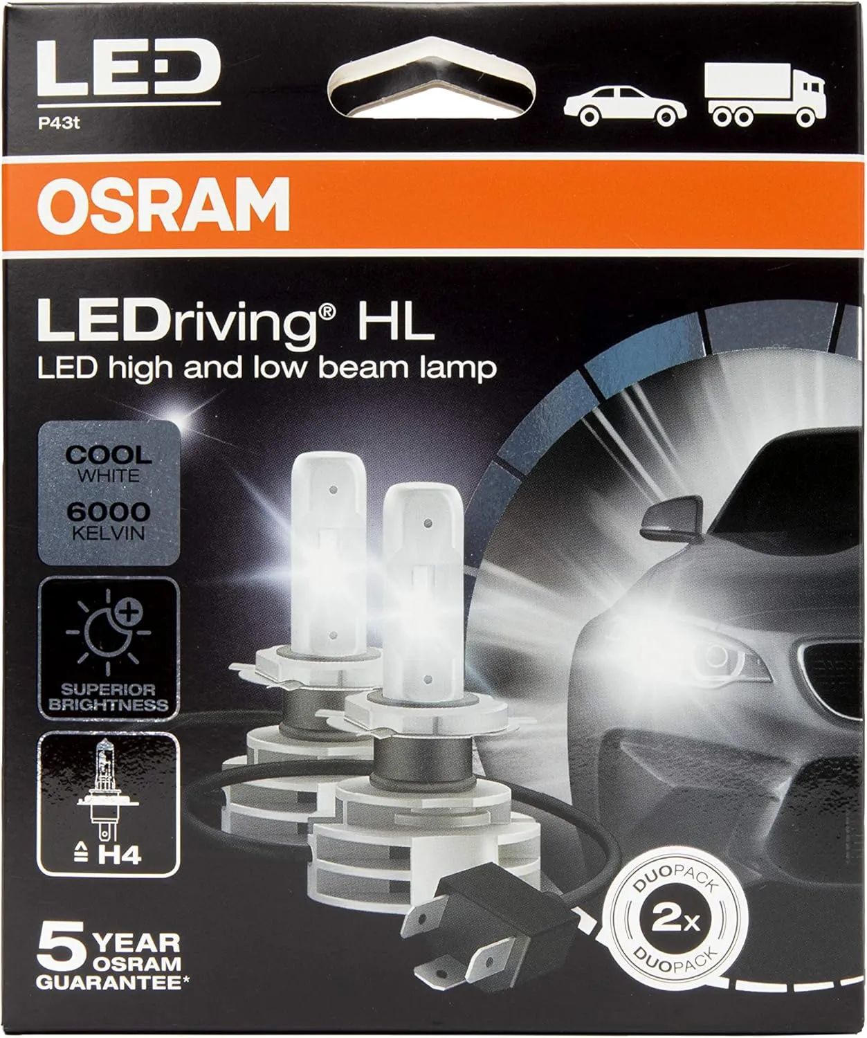OSRAM LEDriving® HL Gen2, ≜H4, LED High/Low Beam Lamps, Off-road only, non ECE, Folding Carton box (2 units), white