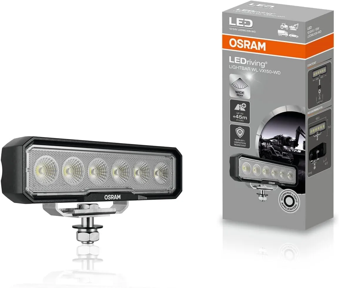 OSRAM LEDriving Lightbar WL VX150-WD, LEDWL109-WD, LED Work Lights OFF ROAD, 1500 Lumens, Up to 45 Meters Long Beam, 12V/24V, Folding Box (1 Lamp)