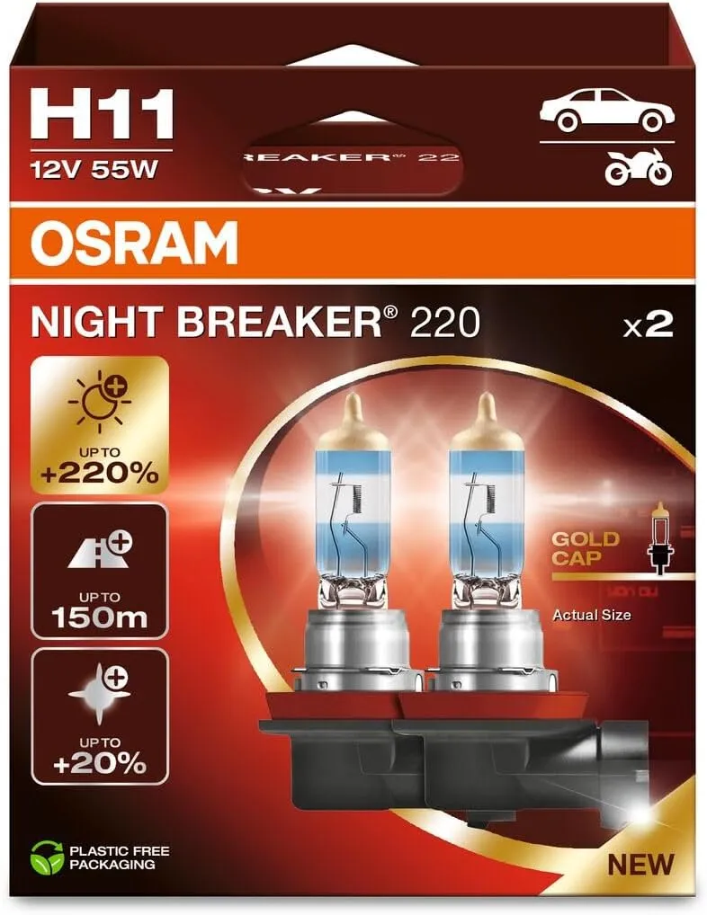 OSRAM NIGHT BREAKER 220, H11, 220% Brighter Halogen Headlight Lamp, 64211NB220-2HB, Folding Box (2 Lamps)