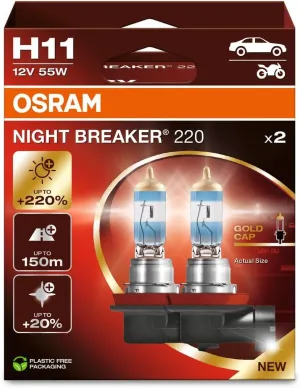 OSRAM NIGHT BREAKER 220, H11, 220% Brighter Halogen Headlight Lamp, 64211NB220-2HB, Folding Box (2 Lamps)