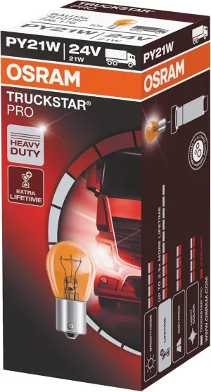 OSRAM TRUCKSTAR PRO PY21W, halogen signal lamp, brake light, rear fog light, 7510TSP, 24 V commercial vehicle, folding carton box (10 unit)