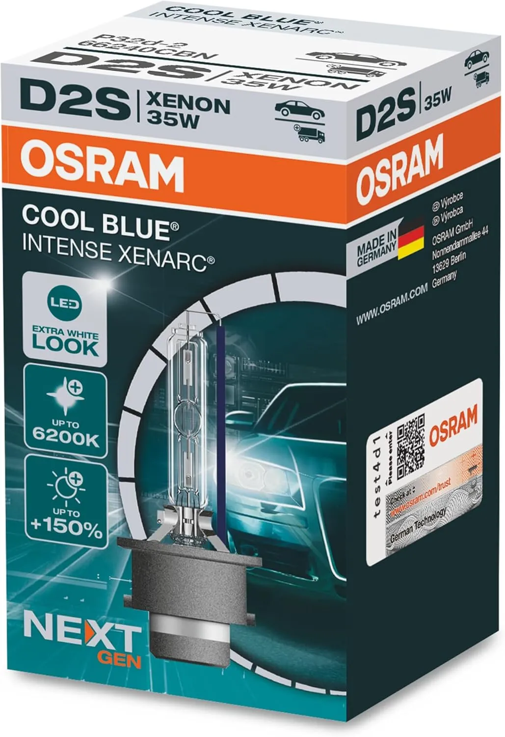 OSRAM Xenarc Cool Blue® Intense D2S,  150% more brightness, up to 6,200 K, Xenon headlight bulb, LED look, folding box (1 lamp)