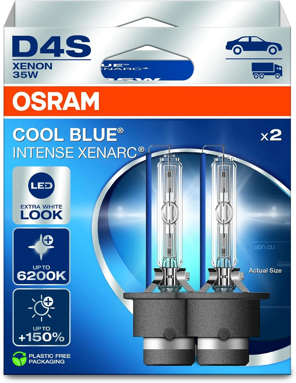 OSRAM XENARC® COOL BLUE® INTENSE D4S,  150% more brightness, up to 6,200K, xenon headlight lamp, LED look, Hanging folding box (2 lamps)