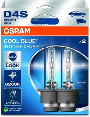 OSRAM XENARC® COOL BLUE® INTENSE D4S,  150% more brightness, up to 6,200K, xenon headlight lamp, LED look, Hanging folding box (2 lamps)