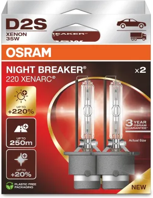Osram Xenarc Night Breaker 220, D2S, 220% More Brightness, Xenon Headlight Bulb, 66240XN2-2HB, Folding Box (2 Lamps)
