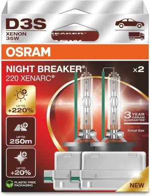 Osram Xenarc Night Breaker 220, D3S,  220% More Brightness, Xenon Headlight Bulb, 66340XN2-2HB, Folding Box (2 Lamps)