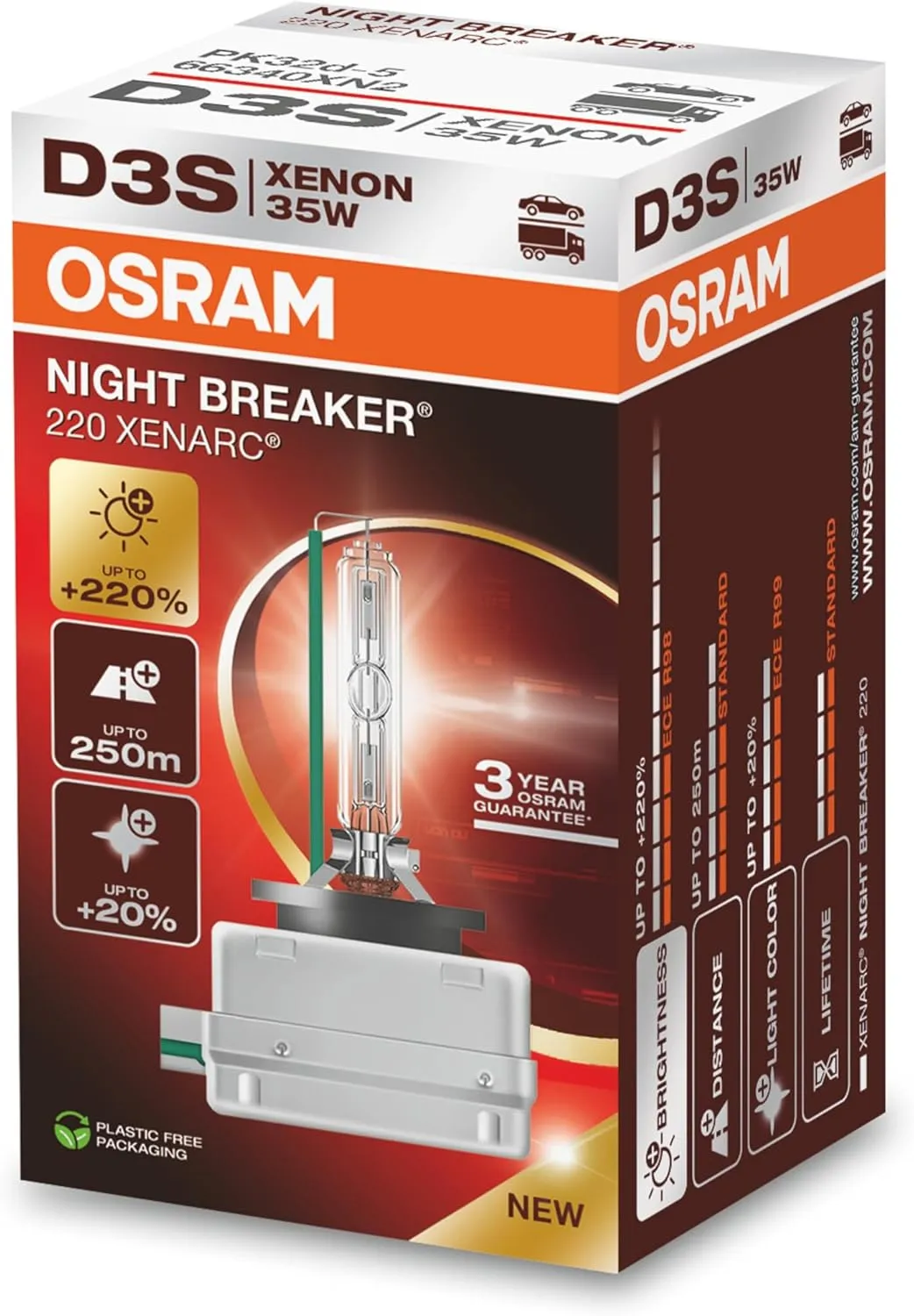 OSRAM XENARC NIGHT BREAKER 220, D3S, 220% more brightness, xenon headlight lamp, 66340XN2, Folding Box (1 lamp)