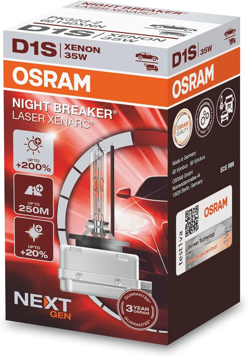 OSRAM XENARC NIGHT BREAKER LASER D1S, Next Generation, 200% more brightness, HID xenon bulb, 66140XNN, folding box (1 lamp), white