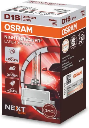 OSRAM XENARC NIGHT BREAKER LASER D1S, Next Generation, 200% more brightness, HID xenon bulb, 66140XNN, folding box (1 lamp), white
