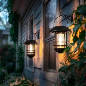 Otdair Solar Lanterns Outdoor Waterproof 2 Pack, Auto On/Off Hanging Solar Lights for Outside with Wall Mount, Glass Outdoor Lighting Outdoor Decorative for Wall, Front Porch, Yard, Garden, Fence