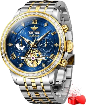 OUPINKE Watches for Men Automatic Unique Luxury Imitation Galaxy Mechanical Watch Business Diamond Calendar Male Watches Stainless Steel Waterproof Luminous