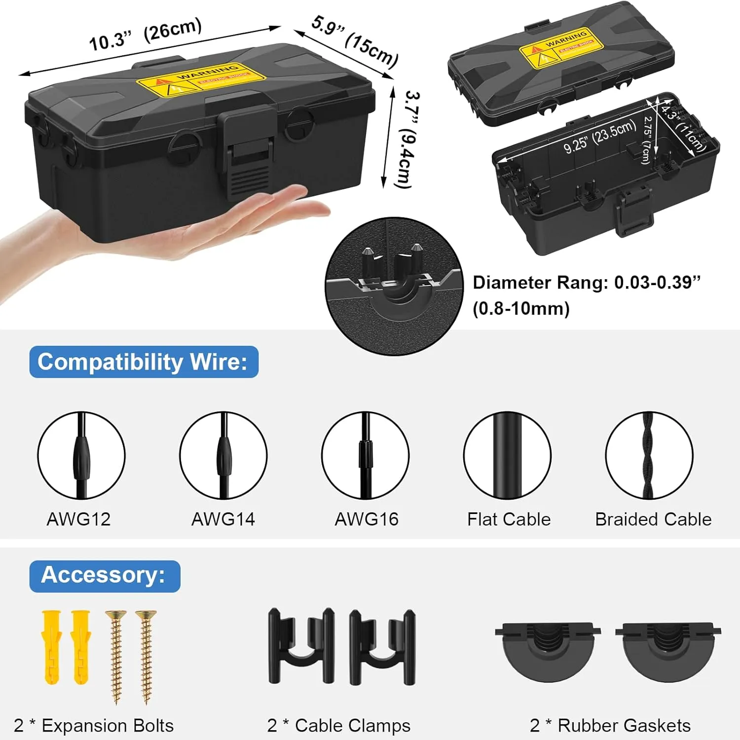 Outdoor Electrical Box Waterproof 10.3 x 5.9 x 3.7 in, Waterproof Extension Cord Cover Outlet Box, Weatherproof Connection Box for Electronics Outside, Power Strip, Holiday Light, Plug