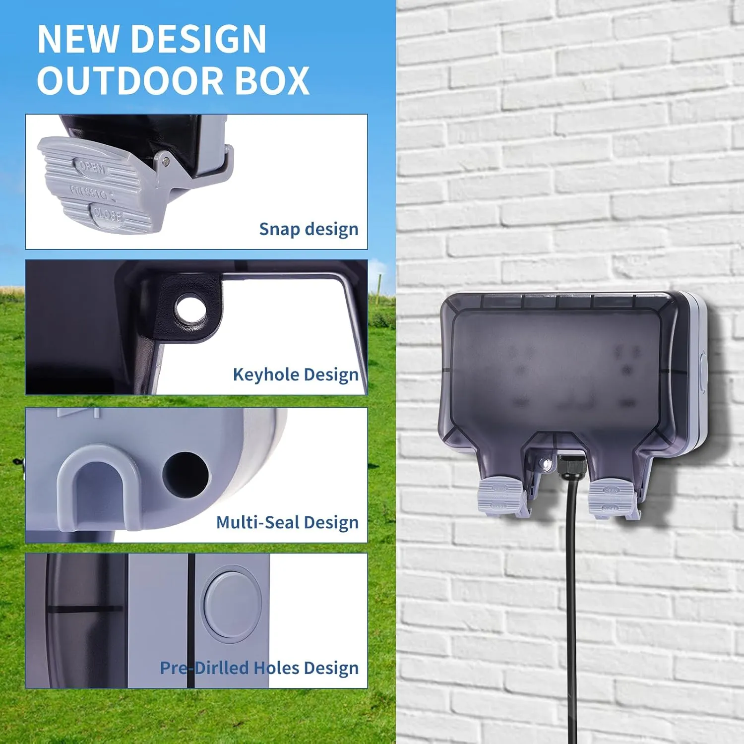Outdoor Electrical Outlet Box with Switch & 20ft Extension Cord, NEMA 5-15R Outdoor Power Strip Weatherproof, STW 14 AWG, IP66 Waterproof Wall Power Socket with Cover, 2 Inch Deep, WRTR