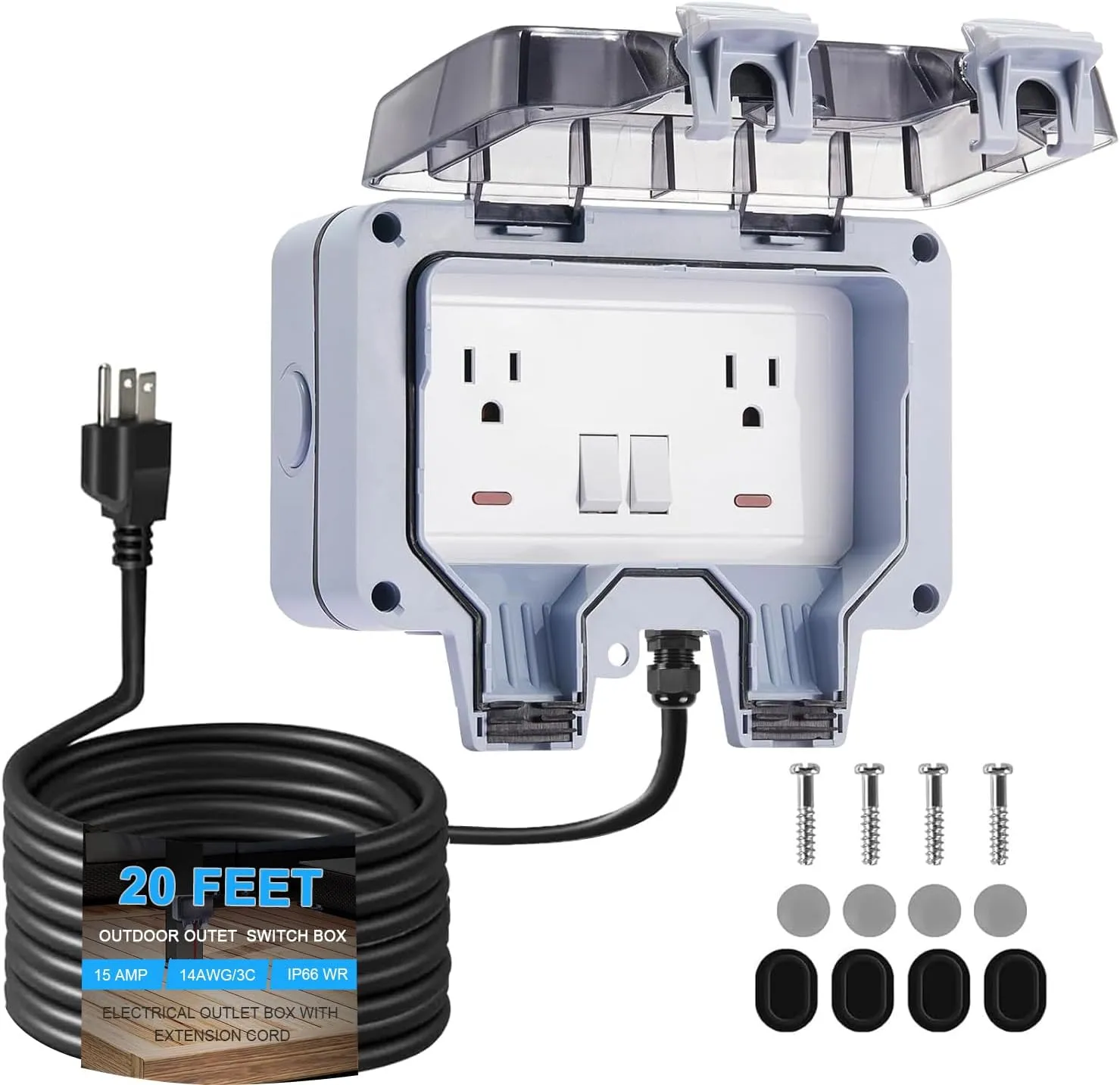 Outdoor Electrical Outlet Box with Switch & 20ft Extension Cord, NEMA 5-15R Outdoor Power Strip Weatherproof, STW 14 AWG, IP66 Waterproof Wall Power Socket with Cover, 2 Inch Deep, WRTR