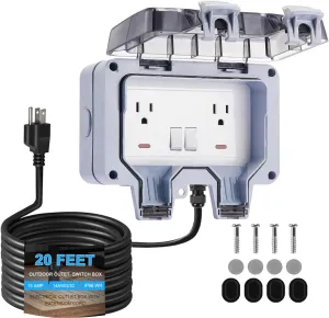 Outdoor Electrical Outlet Box with Switch & 20ft Extension Cord, NEMA 5-15R Outdoor Power Strip Weatherproof, STW 14 AWG, IP66 Waterproof Wall Power Socket with Cover, 2 Inch Deep, WRTR