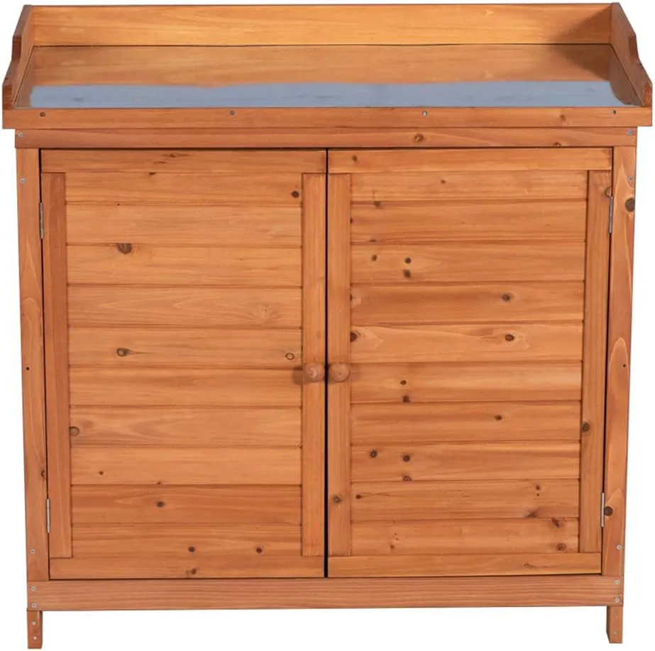 Outdoor Garden Patio Wooden Storage Cabinet Furniture Waterproof Tool Shed with Potting Benches Outdoor Work Station Table (Natural)