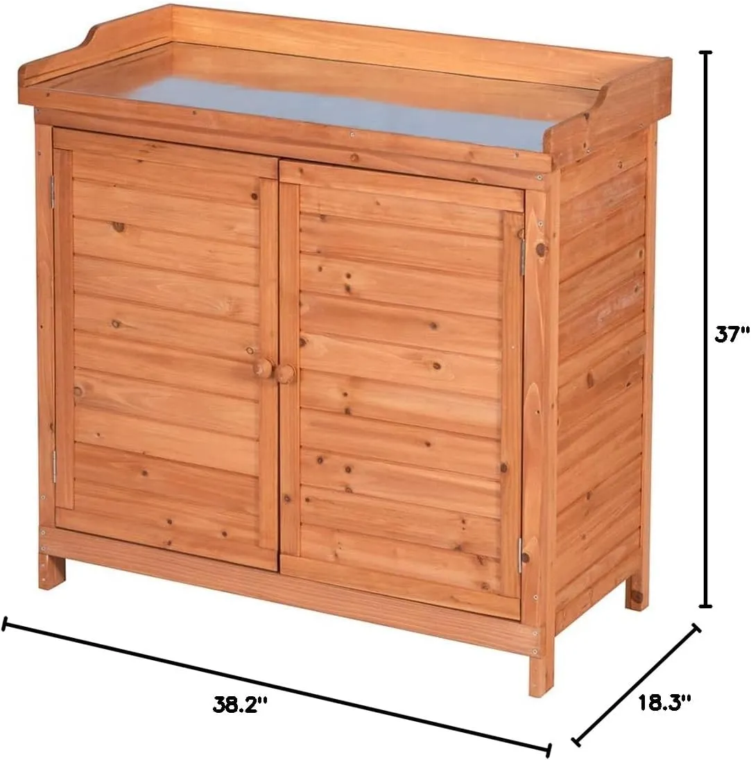 Outdoor Garden Patio Wooden Storage Cabinet Furniture Waterproof Tool Shed with Potting Benches Outdoor Work Station Table (Natural)