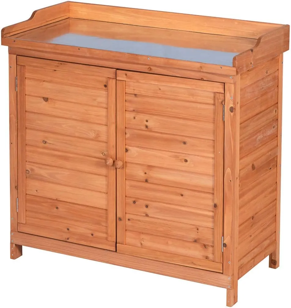 Outdoor Garden Patio Wooden Storage Cabinet Furniture Waterproof Tool Shed with Potting Benches Outdoor Work Station Table (Natural)