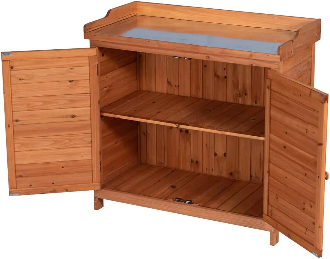 Outdoor Garden Patio Wooden Storage Cabinet Furniture Waterproof Tool Shed with Potting Benches Outdoor Work Station Table (Natural)