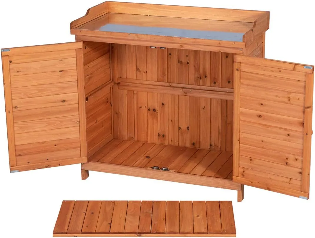 Outdoor Garden Patio Wooden Storage Cabinet Furniture Waterproof Tool Shed with Potting Benches Outdoor Work Station Table (Natural)