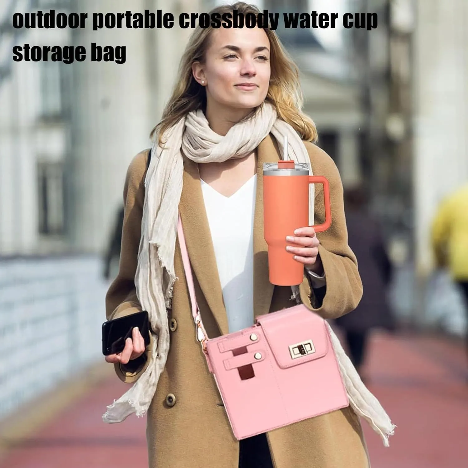 Outdoor Portable Crossbody Leather Bag, Compatible with Variety of Water Cups