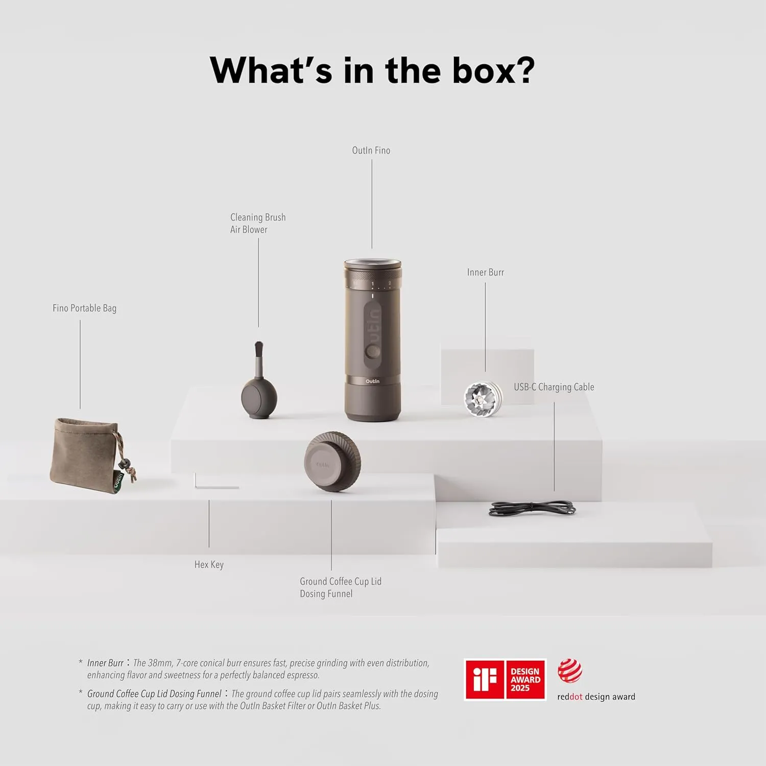 OutIn Fino Portable Electric Coffee Grinder,Adjustable Coffee Bean Grinder with 28 Precise Grind Setting,One-Button Burr Coffee Grinder with Fast‑Charge Battery, Auto‑Stop & Clog‑Protection