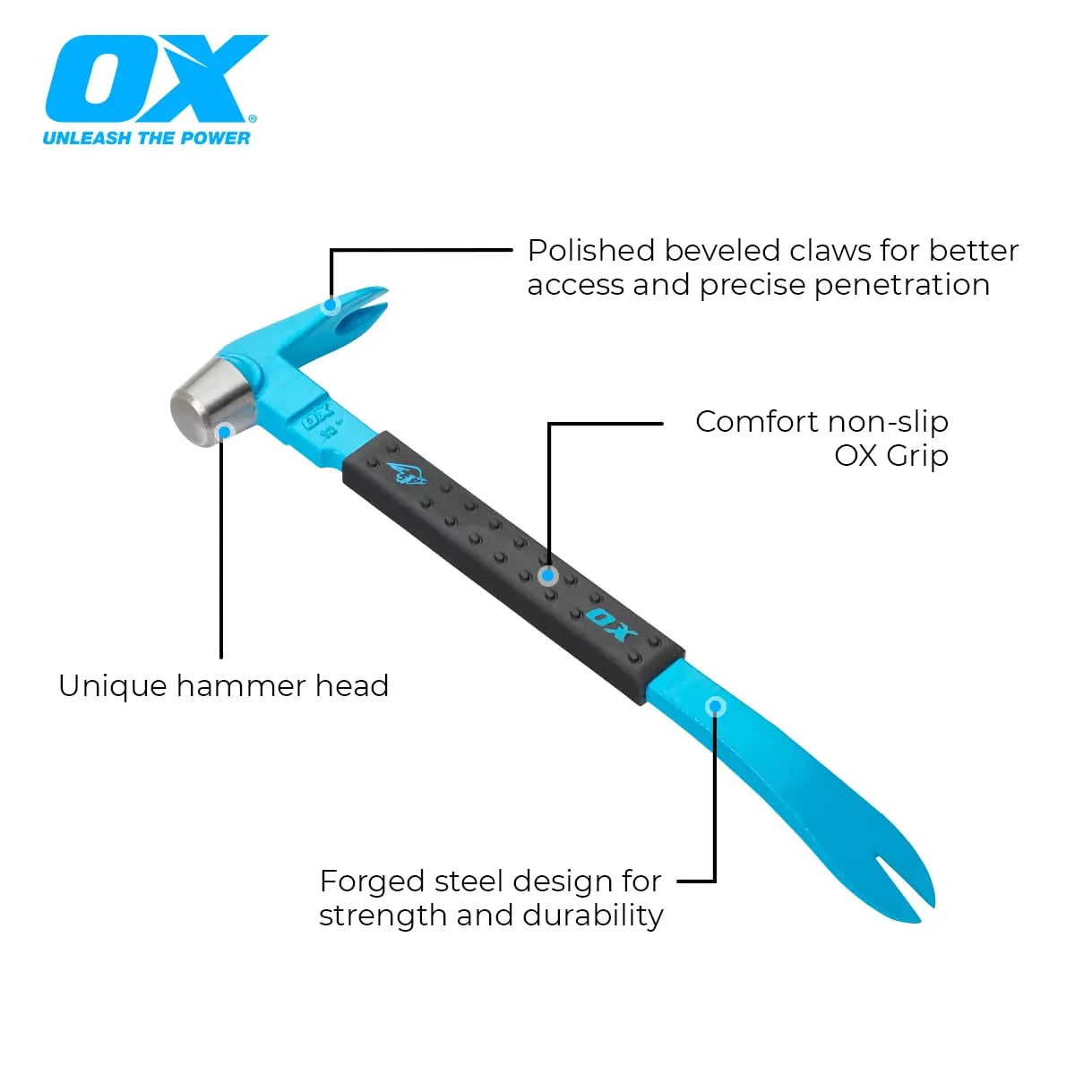 OX Tools OX-P083010 10" Cats Paw Pry Bar - Nail Puller Tool with Unique Hammer Head, Crowbar Rubber Grip, Polished Beveled Claws - Forged Steel Design for Strength and Durability
