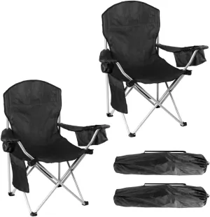 Pack of 2 Portable Lawn Chairs, with Built-in Can Cooler, Storage Pocket, Carry Bag, and Cup Holder, Includes Carry Bag – Black [2-Pack]