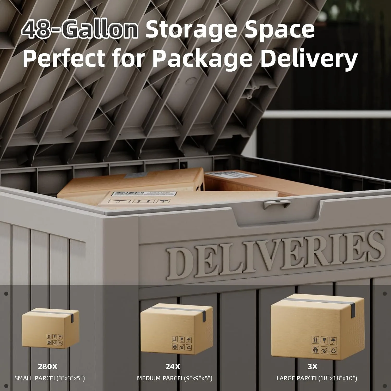 Package Delivery Box for Outside, 48 Gallon Storage with Lockable Secure, Large Double Wall Resin Outdoor Package Delivery Waterproof Deck