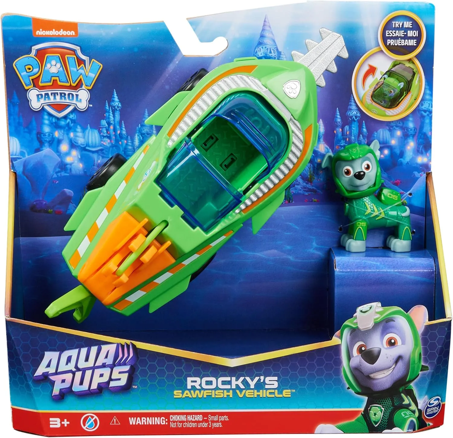 Paw Patrol Aqua Pups Rocky Transforming Sawfish Vehicle with Collectible Action Figure, Kids’ Toys for Ages 3 and up