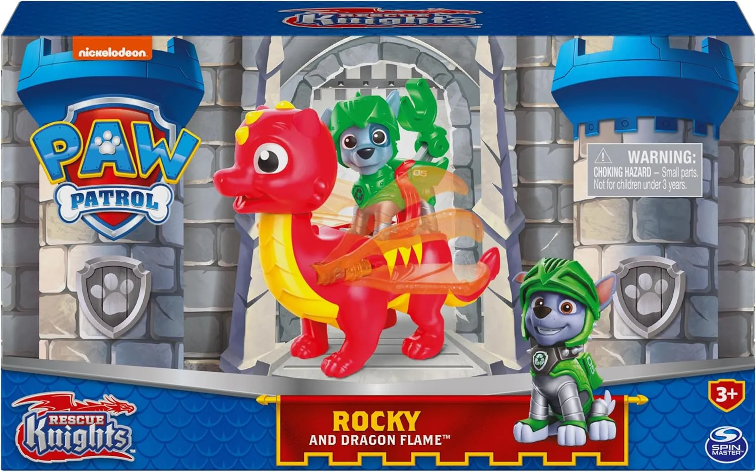 Paw Patrol, Rescue Knights Rocky and Dragon Flame Action Figures Set, Kids Toys for Ages 3 and up