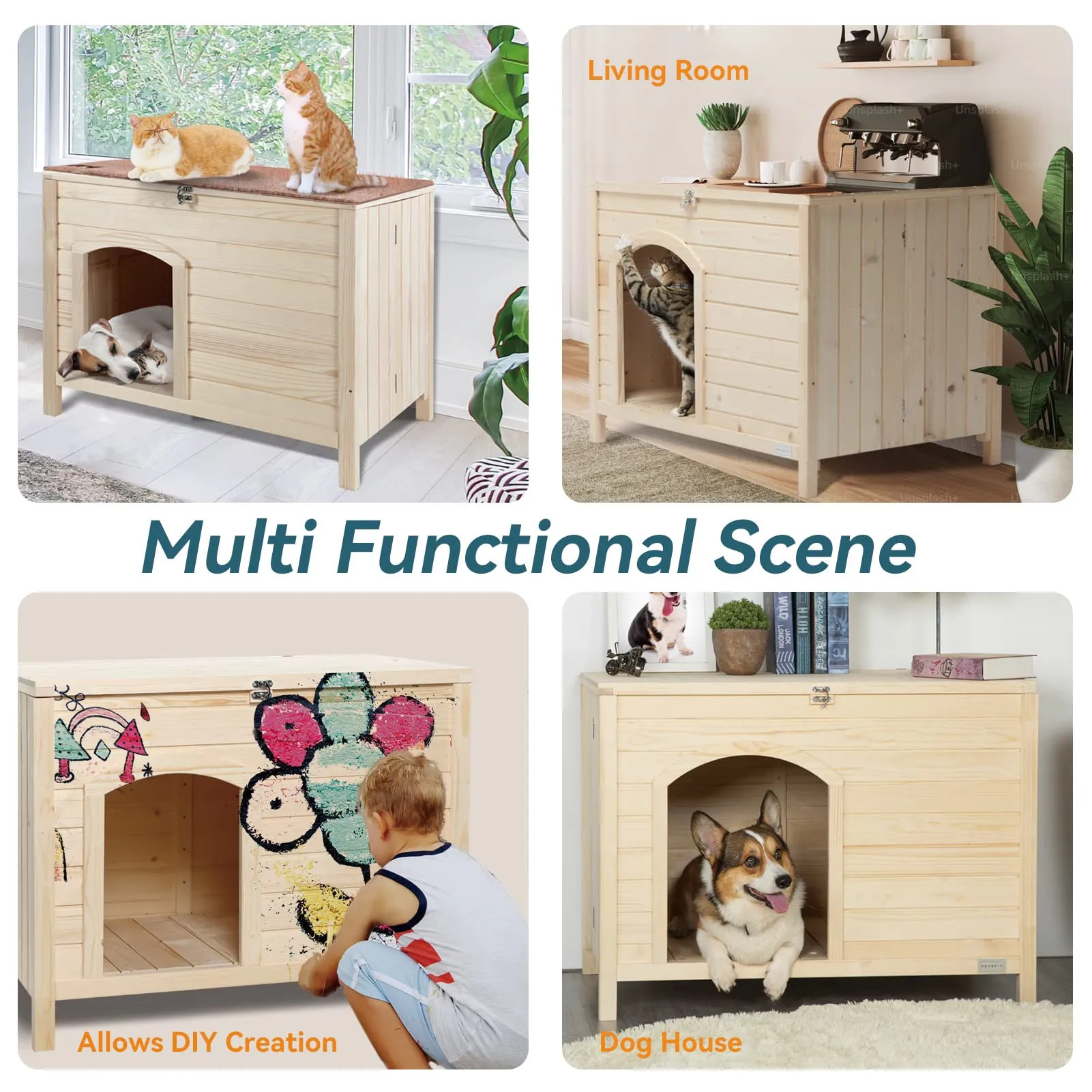 Petsfit Large Cat Litter Box Furniture Hidden,No Tools Required Assembly,Cat Washroom Furniture with Top Opening,Wooden Pet House End Table,Folding Litter Box Enclosure,35.5L x 23.5W x 27H inches