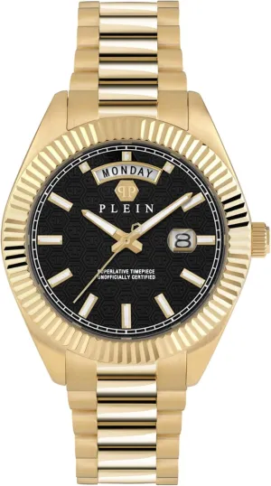 Philipp Plein Date Superlative Collection Luxury Mens Watch Timepieces with a Gold Bracelet and Case Featuring a Black Dial