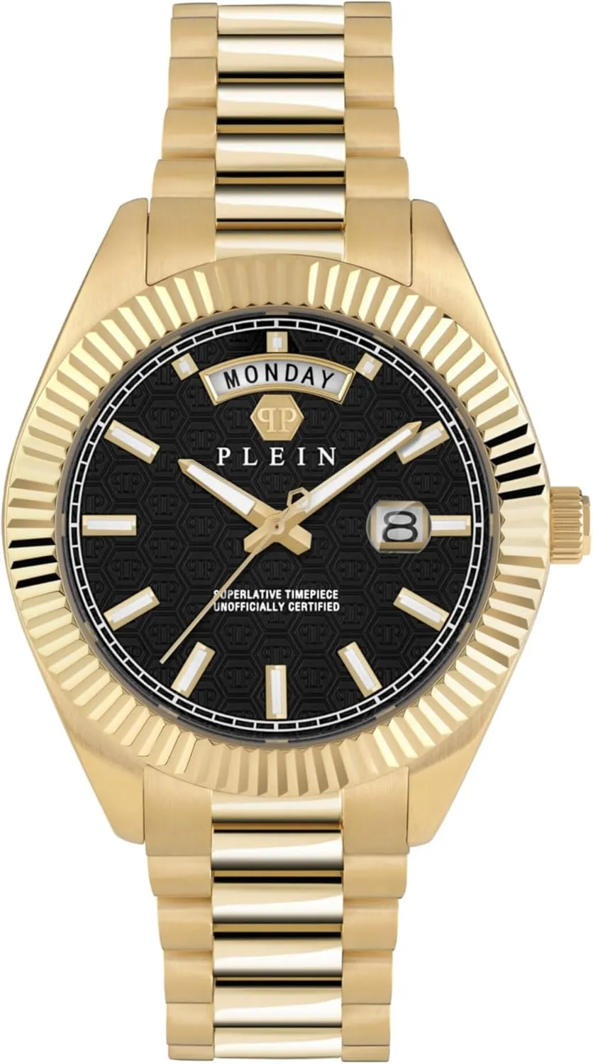 Philipp Plein Date Superlative Collection Luxury Mens Watch Timepieces with a Gold Bracelet and Case Featuring a Black Dial