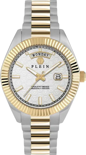 Philipp Plein Date Superlative Collection Luxury Mens Watch Timepieces with a Two Tone Bracelet and Case Featuring a Silver Dial